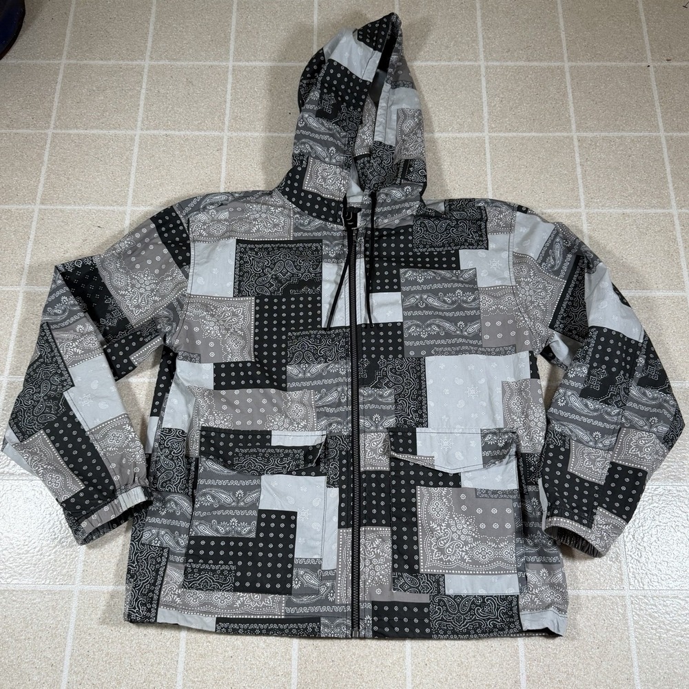 Original Use Bandana Patchwork Windbreaker Jacket Mens Lg Grey Paisley Full Zip